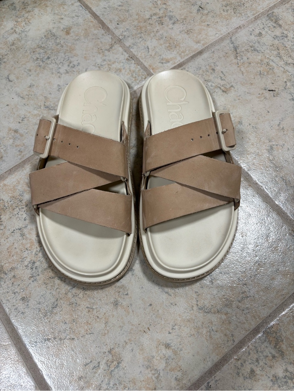 Chaco Beige Crisscross Slide Sandals